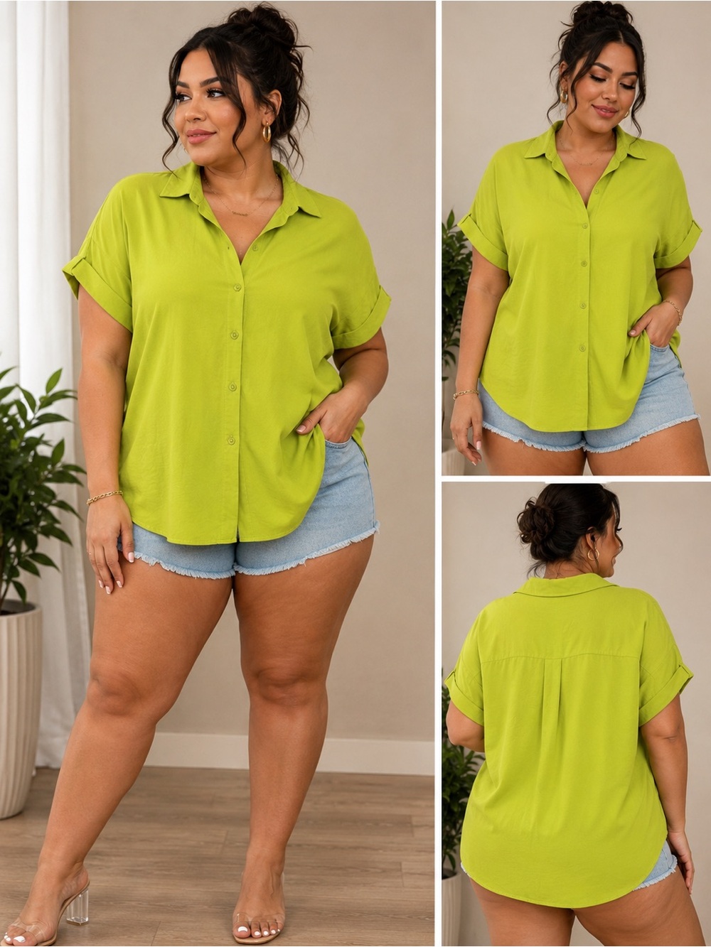 SHEIN Lime Green Short Sleeve Button-Up Blouse